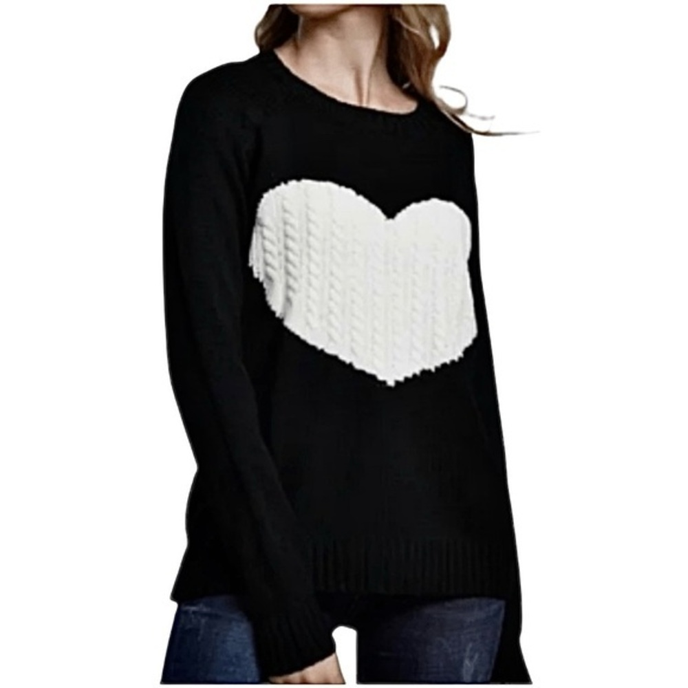 Freckle Black White Heart Cable Knit Crew Neck Sweater Cozy Winter Valentine L/X